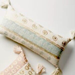 Anthropologie Blue Aqua Gold Tassel Pillow